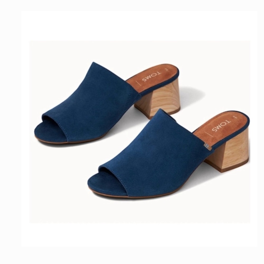 TOMS Women's Blue Suede Block Heel Mules